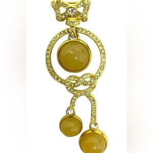 Joan Rivers Rhinestone Yellow Jasper Dangle Gold Tone Pin Brooch Rare